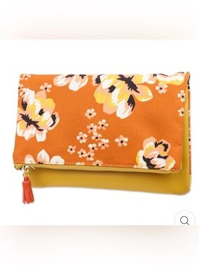 Rachel Pally Orange Floral Fold-Over Clutch with Yellow Base and Tassel